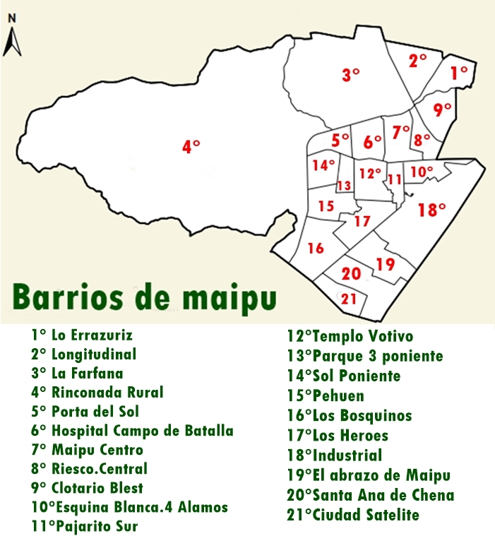 Mapa con los 21 barrios de maipu